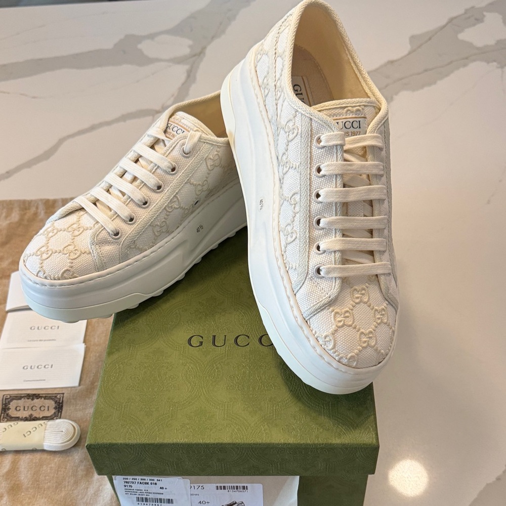 GUCCI Tennis 1977 GG Low Top Embroidered Off White Sneakers EUR 40.5 US 10.5